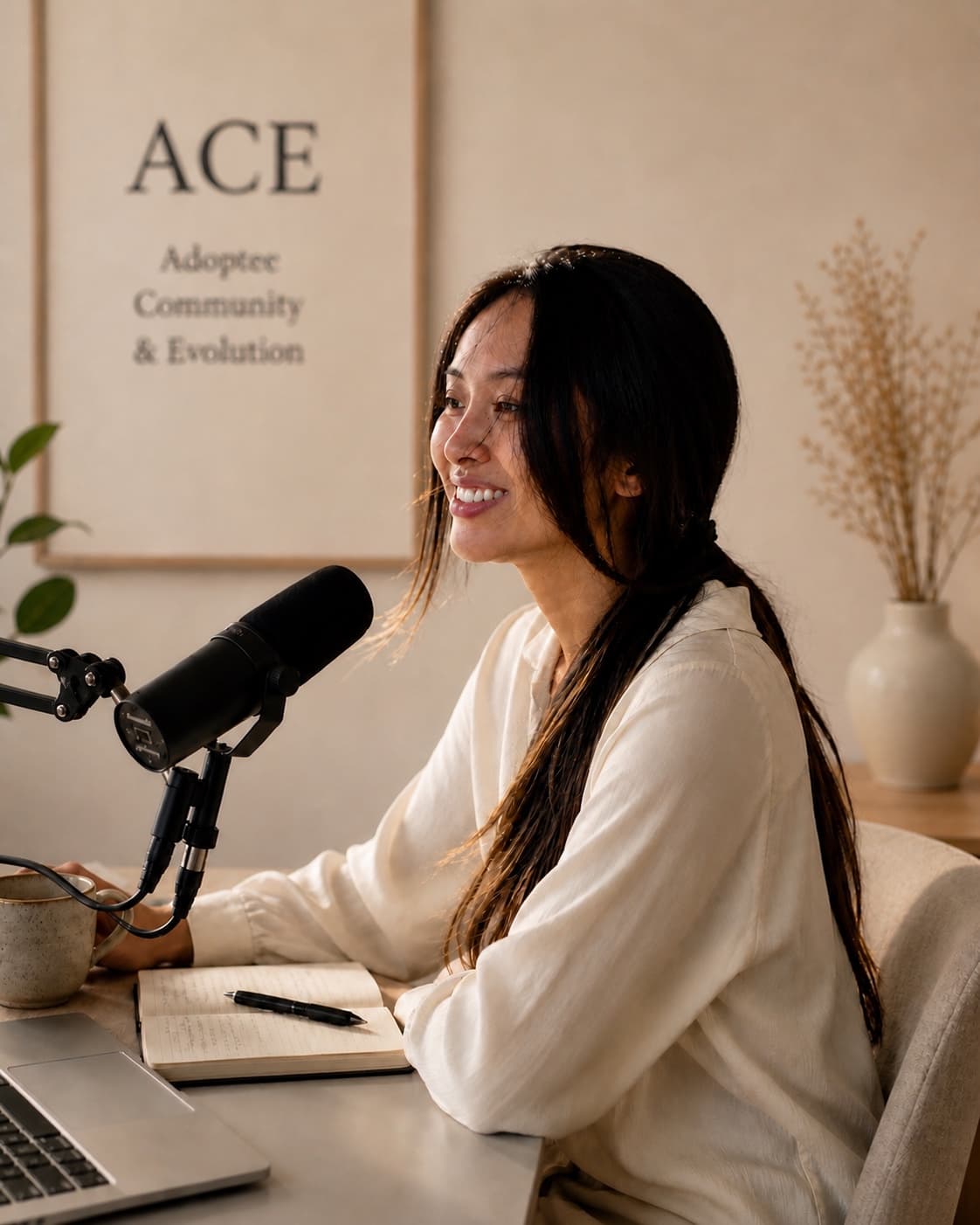 ChiRu Yi at the ACE Podcast recording desk, smiling beside an ACE Adoptee Community & Evolution wall print